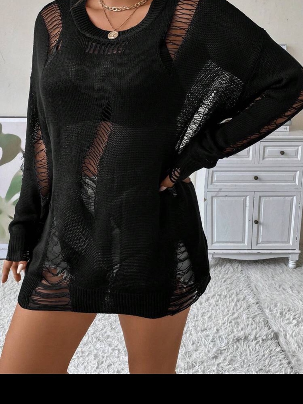 SHEIN Black Distressed Crew Neck Sweater